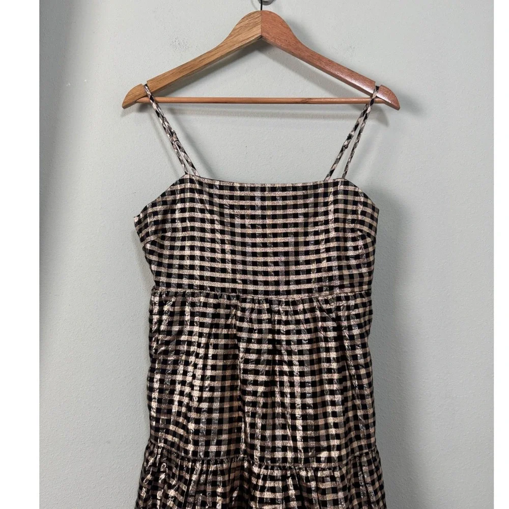 J.Crew Lurex Black & Gold Metallic Gingham Tiered Mini Dress BM072‎ Size 6 NEW